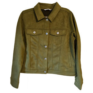 New Denim & Co. Women’s Faux Suede Button Jacket Green Pockets Size Small S